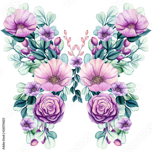 Watercolor Floral Butterfly with Flowers