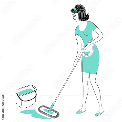 Profile of a sweet lady. The girl sweeps the floor in the room, a broom. A woman is a good wife and a neat housewife. Vector illustration