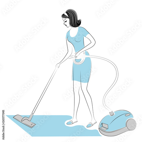 Profile of a sweet lady. The girl removes dust in the room with a vacuum cleaner. A woman is a good wife and a neat housewife. Vector illustration