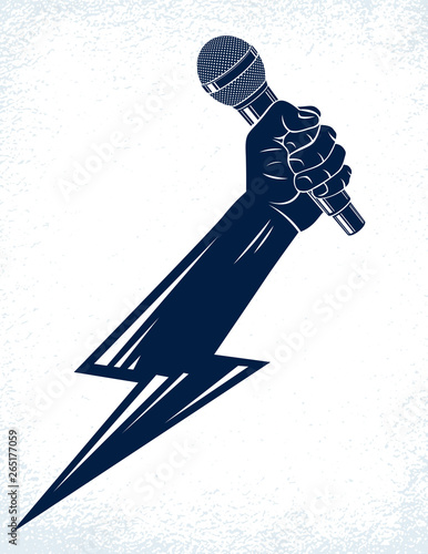 Microphone in hand in a shape of lightning, rap battle rhymes music, karaoke singing or standup comedy, vector logo or illustration, concert festival or night club label, t-shirt print.