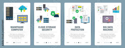 Vector set of vertical web banners with mainframe computer, cloud storage security,  data protection, big data machine. Vector banner template for website and mobile app development with icon set.
