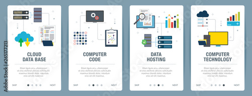 Vector set of vertical web banners with cloud data base, computer code, data hosting and computer technology. Vector banner template for website and mobile app development with icon set.