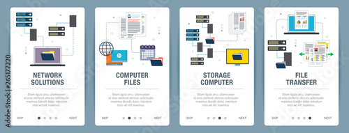 Vector set of vertical web banners with network solutions, computer files, storage computer and file transfer. Vector banner template for website and mobile app development with icon set.