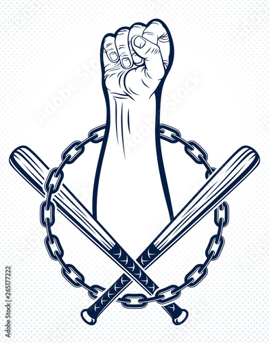 Anarchy and Chaos aggressive emblem or logo with strong clenched fist, vector vintage style tattoo, rebel rioter partisan and revolutionary.