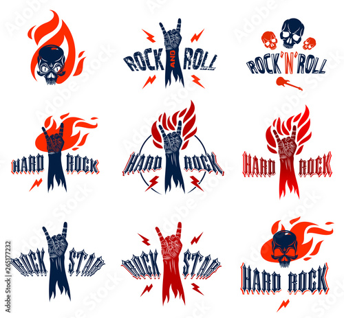 Rock hand sign on fire set, hot music Rock and Roll gesture in flames, Hard Rock festival concert or club, vector labels emblems or logos, musical instruments shop or recording studio.