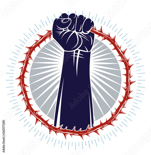 Strong hand clenched fist fighting for freedom against blackthorn thorn slavery theme illustration, vector logo or tattoo, through the thorns to the stars concept.
