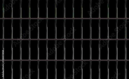 Dark background prison iron interior. Black jail cell modern with bar. Banner vector detailed illustration metal lattice. Detention centre cell metallic. Isolated way, freedom concept grid.