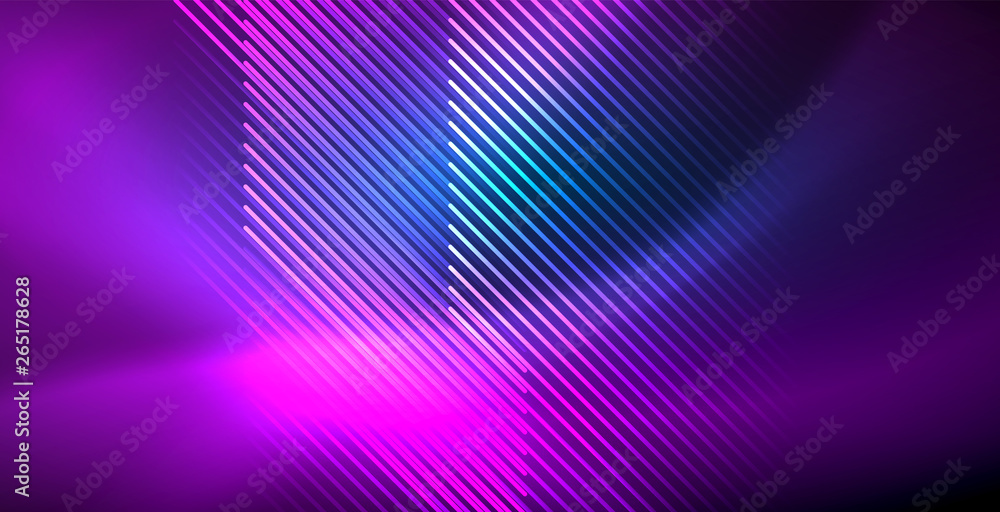 Neon glowing techno lines, blue hi-tech futuristic abstract background template with lights Neon glowing techno lines, blue hi-tech futuristic abstract background template with lights