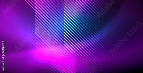 Fototapeta Naklejka Na Ścianę i Meble -  Neon glowing techno lines, blue hi-tech futuristic abstract background template with lights