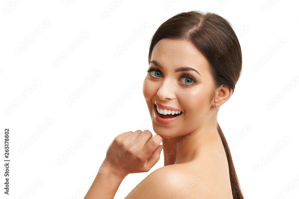 Beautiful woman face close up studio on white Beautiful woman face close up studio on white