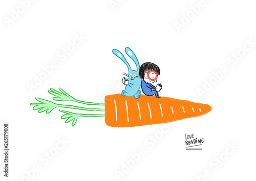 Little girl reading with a rabbit on a big carrot, vector illustration