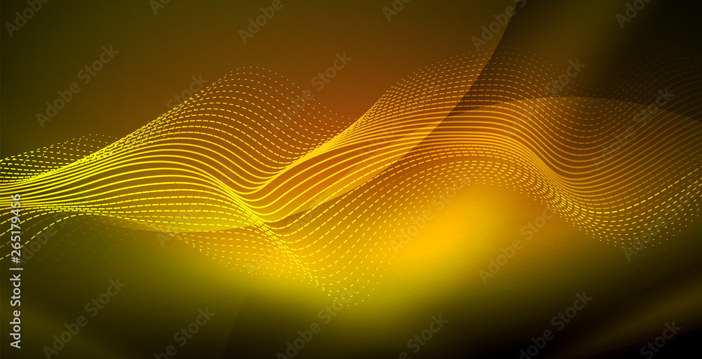 Glowing abstract wave on dark, shiny motion, magic space light. Techno abstract background Glowing abstract wave on dark, shiny motion, magic space light. Techno abstract background