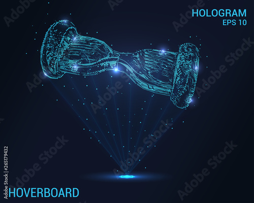 Hologram hoverboard. A holographic projection of a hoverboard. Flickering energy flux of particles. The scientific design of the hoverboard.