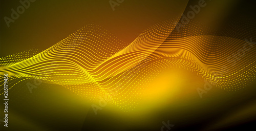 Glowing abstract wave on dark, shiny motion, magic space light. Techno abstract background