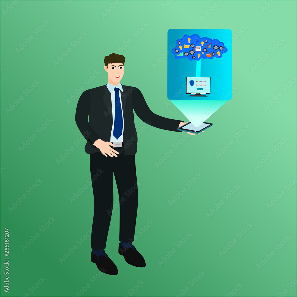Businessman holding smartphone device display computer access cloud internet with safety information