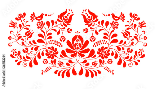 Vector hungarian folk decoration with flowers and birds on white.