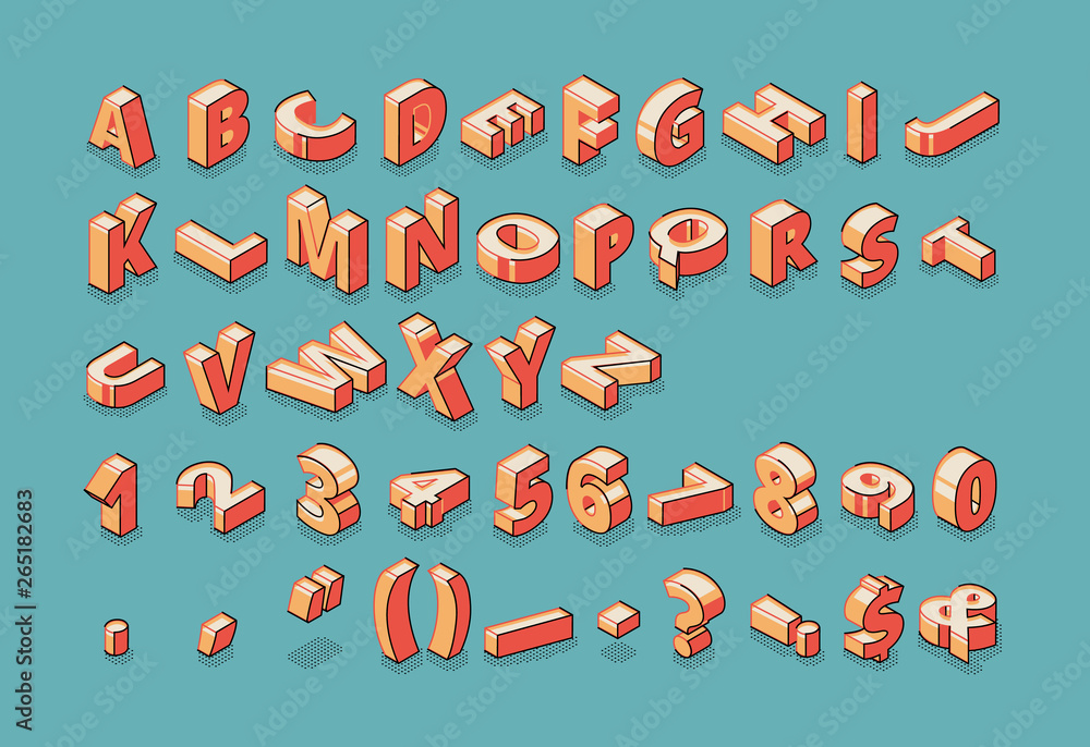 Isometric alphabet, numbers and punctuation marks standing and lying in ...