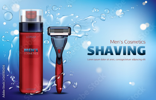 Men cosmetics, shaving foam, safety razor blade 3d realistic vector ads poster. Body care cosmetic product, red bottle and shaver on blue background with water splash and flying drops, promo mock up