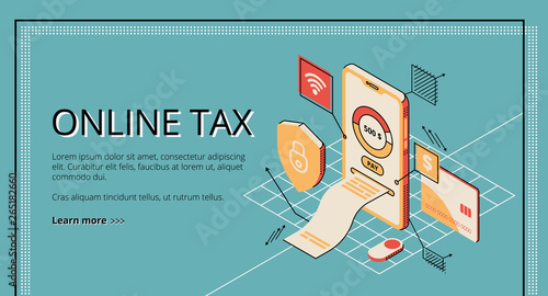 Online tax. Large bill for payment coming out of smartphone screen. Shopping, banking, accounting, smart technologies. 3d Isometric vector illustration in line art style, website landing page template