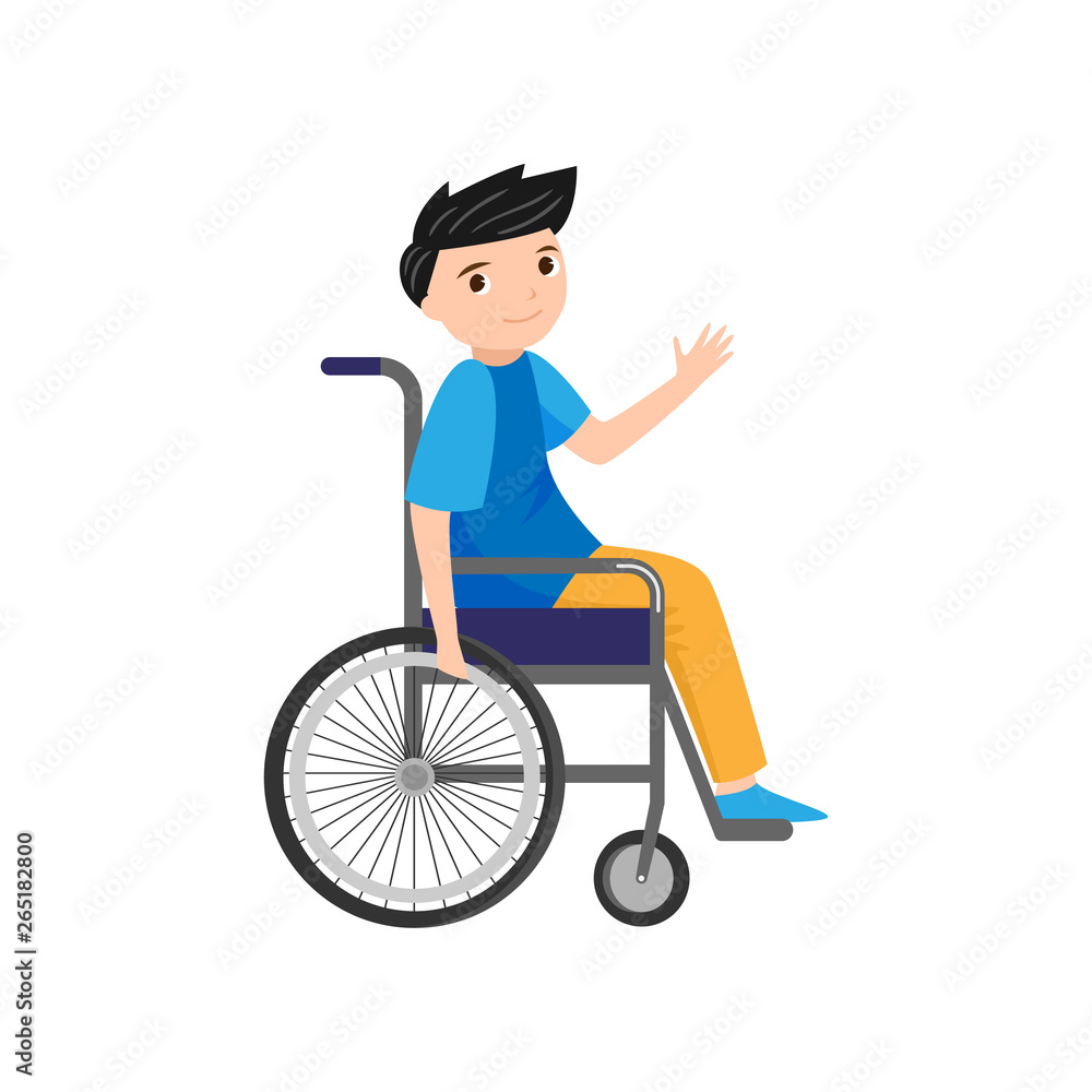 Cute young smiling boy say hello in wheelchair Cute young smiling boy say hello in wheelchair