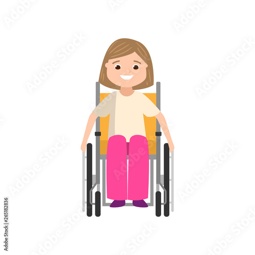 Cute smiling happy kid girl move in wheelchair