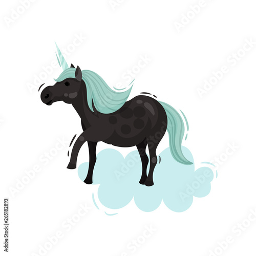 Black unicorn with a blue mane. Vector illustration.