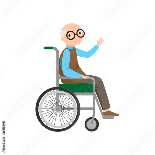 Cute old senior man with eyeglasses in classic wheelchair