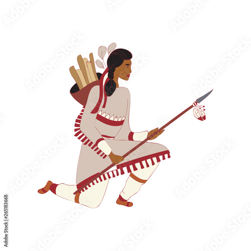 Red Indian guy standing on one knee with a spear. Vector illustration.