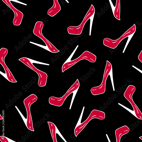 Abstract seamless pattern. Patent leather high-heeled shoes on black background. Vector illustration