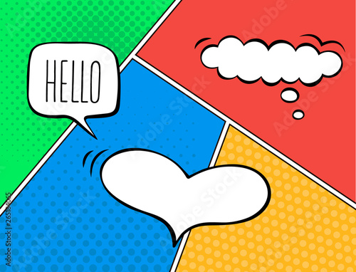 Colorful comic book background. Blank white speech bubbles of different shapes. Vector illustration in pop art style