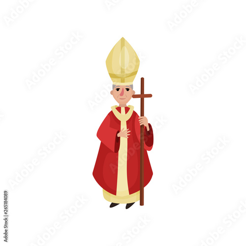 Catholic priest mascot character dressed in red and gold clothes vector cartoon illustration