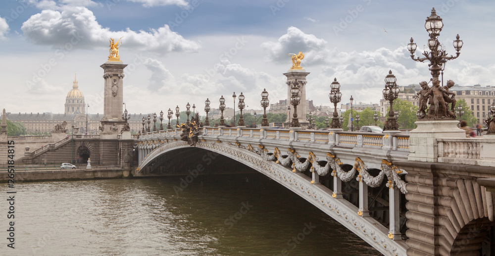 Panorama with Pont Alexandre III Bridge and overlooking the old city, cloudy day. France Paris