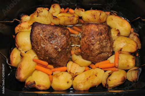 A chuck roast with potatoes, carrots, and onions