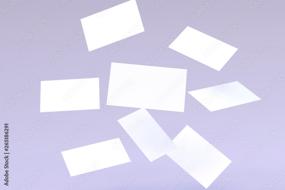 Stack of falling blank white business cards mock-up on purple background. 3D Render Illustration of realistic mockup design. Stack of falling blank white business cards mock-up on purple background. 3D Render Illustration of realistic mockup design.