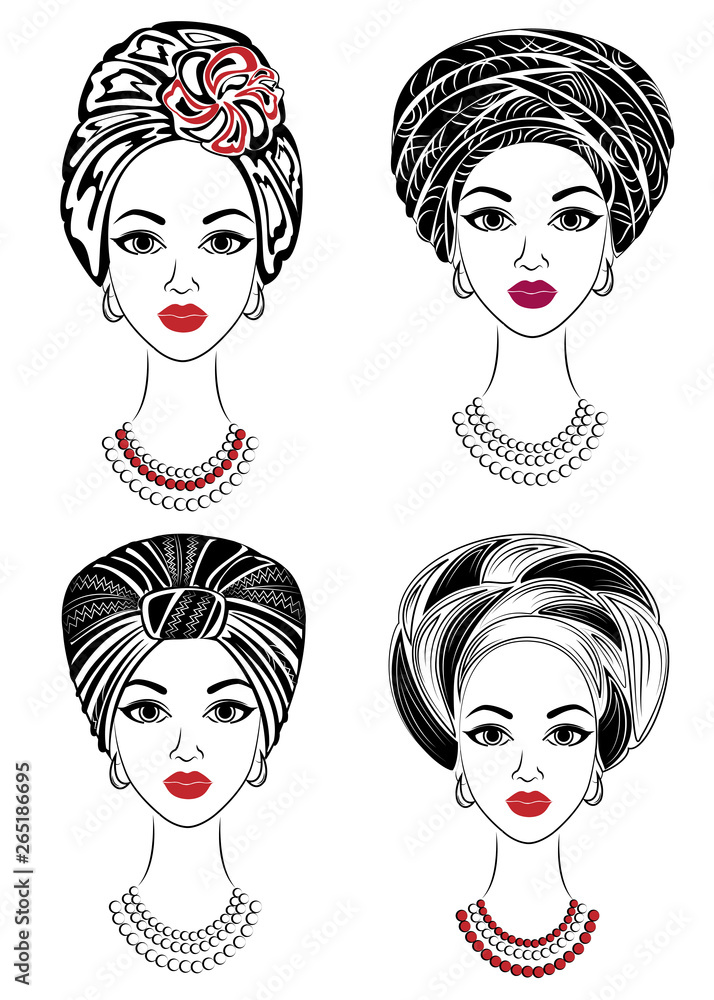 Collection. Silhouette of a head of a sweet lady. A bright shawl, a turban, tied to the head of an African-American girl. The woman is beautiful and stylish. Set of vector illustrations Collection. Silhouette of a head of a sweet lady. A bright shawl, a turban, tied to the head of an African-American girl. The woman is beautiful and stylish. Set of vector illustrations