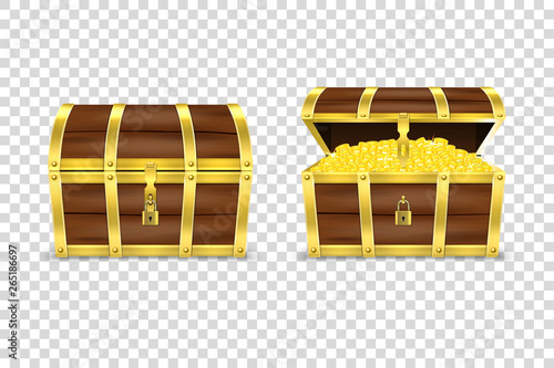 Vector 3d Realistic Closed and Opened Retro Vintage Antique Old Treasure Wooden Pirate Dower Chest with Glow Gold Coins and Padlock Closeup Isolated on Transparent Background. Design Template