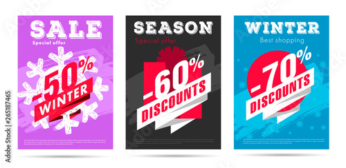 set of winter posters with per cent numbers and big typography