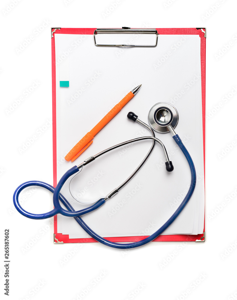 Red clipboard with blue stethoscope and pen. Health diagnostic concept