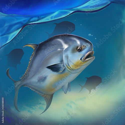 Permit fish on white Trachinotus blochii. Permit fish on underwater realistic illustration background. photo