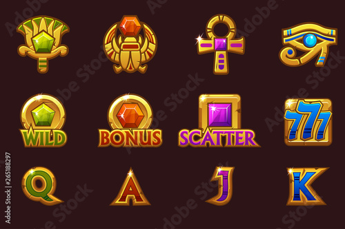 Egyptian icons for casino machines slots game with colored precious gems. Vector Egypt golden Slots icons on separate layers.