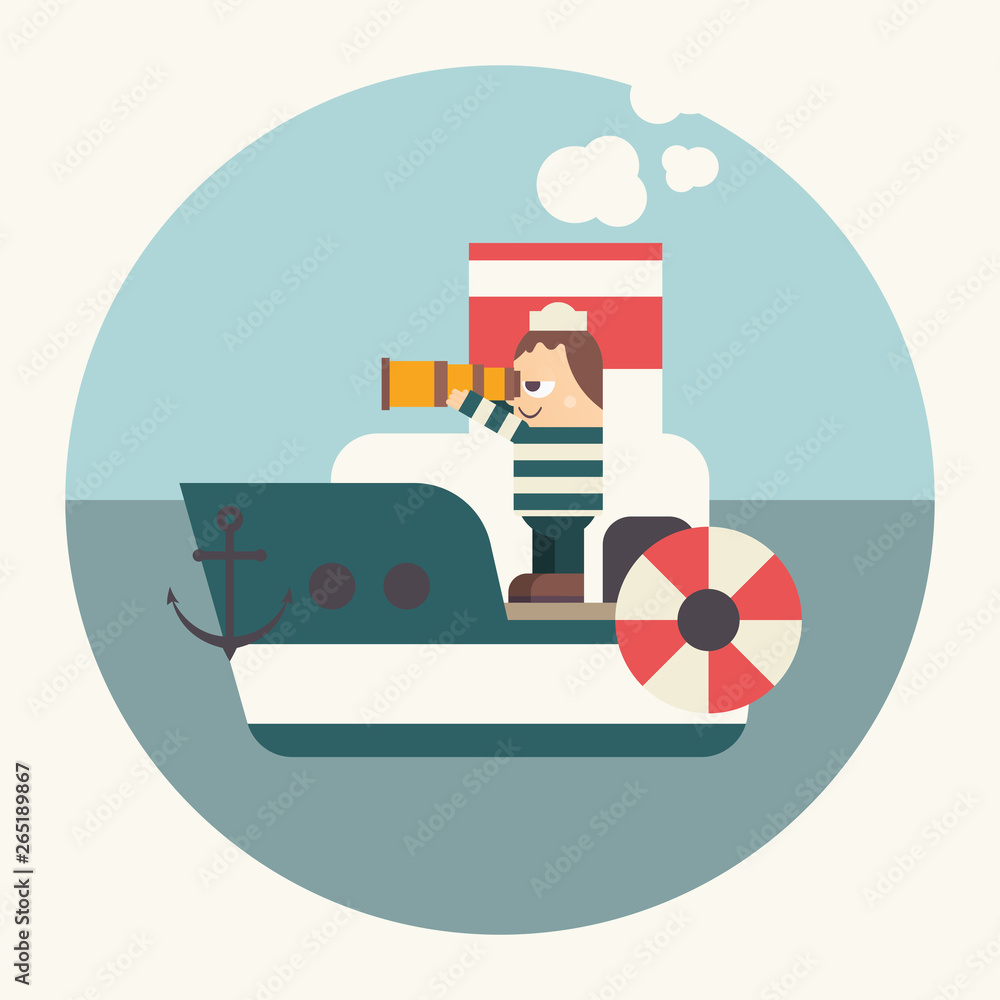 Funny Cartoon Sailor on Boat looking at Sea through Telescope or Spyglass.  Seaman on Steamboat. Vector Illustration in Retro Design. Stock Vector