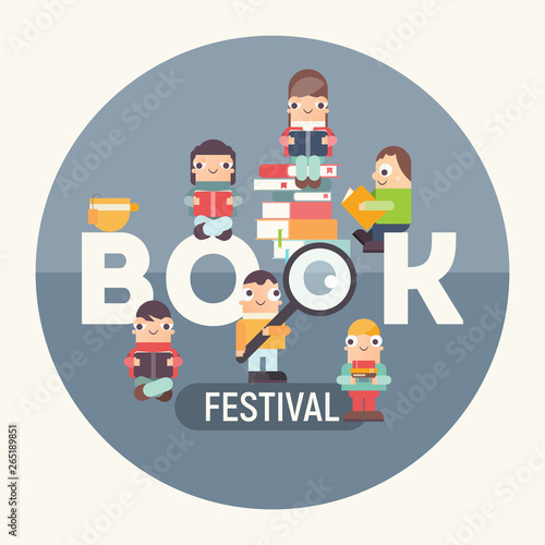 Poster for Bookstore and Book Festival Advertising. Small Funny Characters Cartoon Men and Girls Reading Books near Big Letters Book. Vector Illustration for Literature Event. Square Format. Retro 