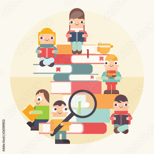 Poster for Book Festival, Fair, Reading Challenge. Small Characters Cartoon People Reading and Sitting on Books. Retro Vector Illustration for Literature Event, Bookstore Advertising, Book Fair Banner