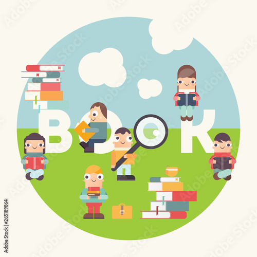 Poster for Bookstore and Book Festival Advertising. Small Funny Characters Cartoon Men and Girls Reading Books. Vector Illustration for Literature Event. Square Format. Retro Design.