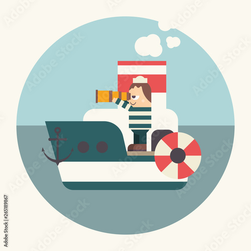 Funny Cartoon Sailor on Boat looking at Sea through Telescope or Spyglass. Seaman on Steamboat. Vector Illustration in Retro Design.