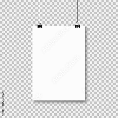 Empty A4 sized paper frame mockup hanging with paper clip