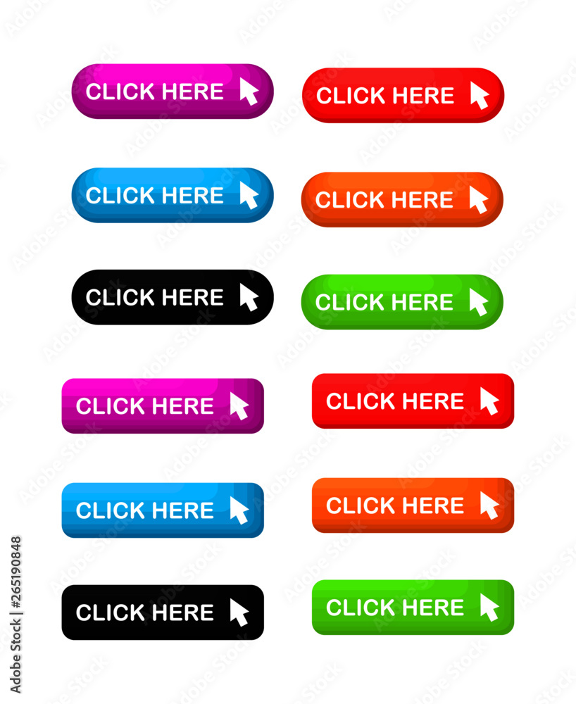 Click Here colorful button set. icons web Isolated on white background. Vector Illustration. Click Here colorful button set. icons web Isolated on white background. Vector Illustration.