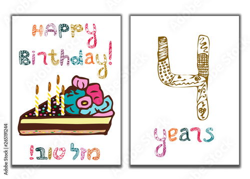 The inscription of Happy Birthday. Mazl Tov in Hebrew in translation I wish you happiness. A piece of cake with candles. Children greeting card for 4 years. Doodle, hand draw. Vector illustration. photo