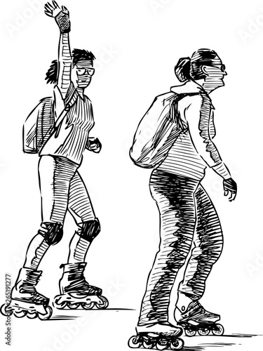 A sketch of townswomen riding the roller skates