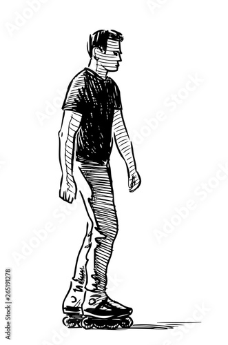 A sketch of young townsman rollerblading